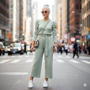 NWT Rachel Zoe icy mint green puff sleeve sweatshirt top & belted sweatpants set